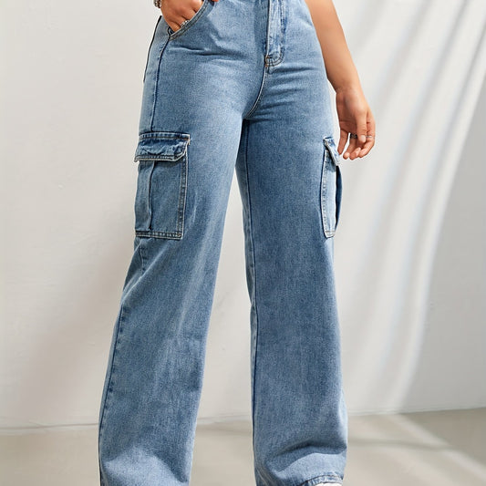 Wide Leg Cargo Jeans With Flap Pockets