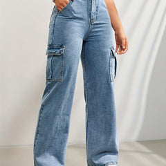 Wide Leg Cargo Jeans With Flap Pockets