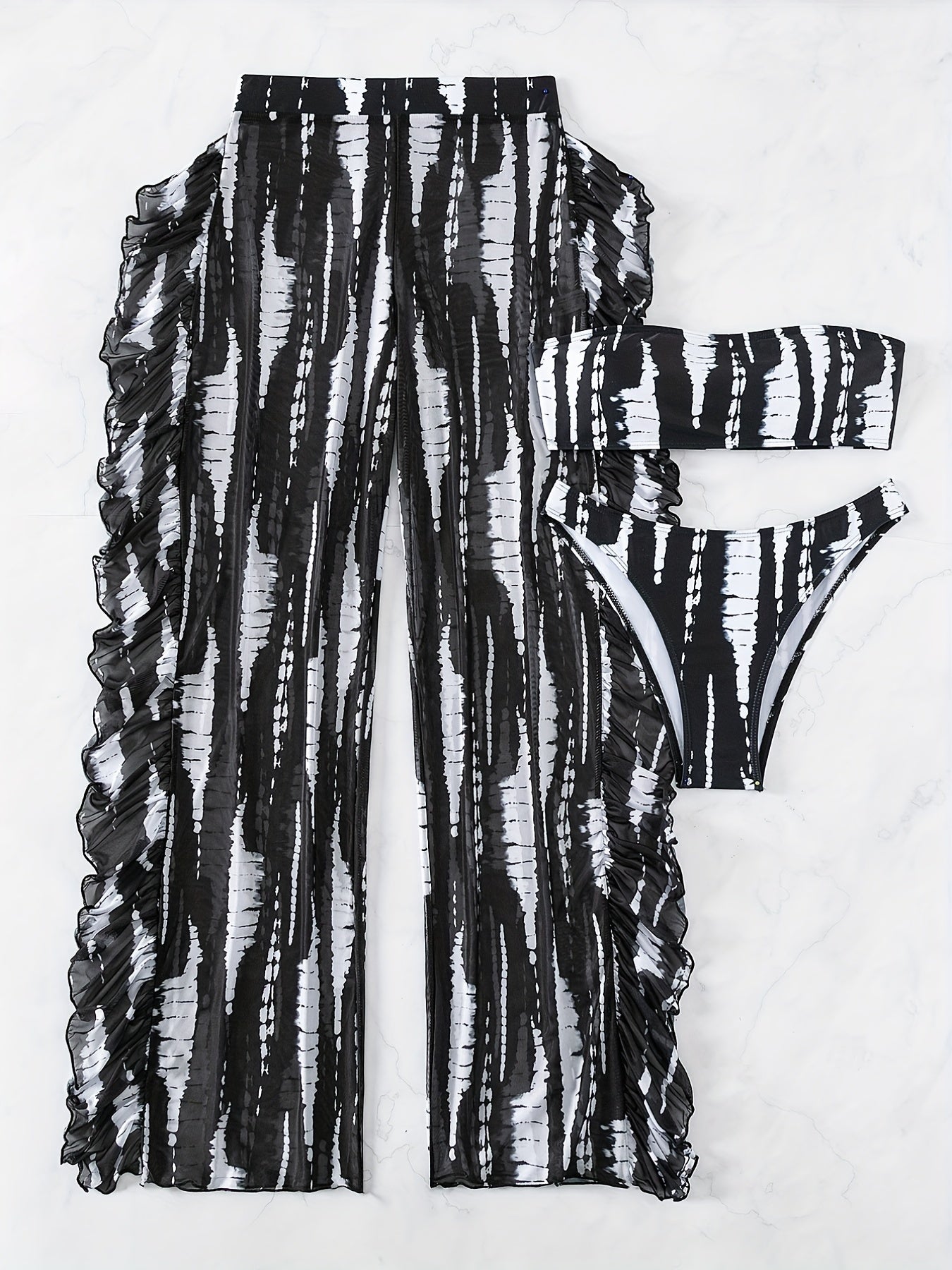 Tie Dye Ruffle Bikini Set Bandeau Tube Top High Cut Cover Up Pant Swimsuit