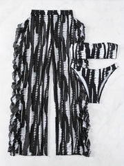 Tie Dye Ruffle Bikini Set Bandeau Tube Top High Cut Cover Up Pant Swimsuit