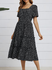 Heart Print Midi Dress Square Neck Drop Shoulder A Line Dress