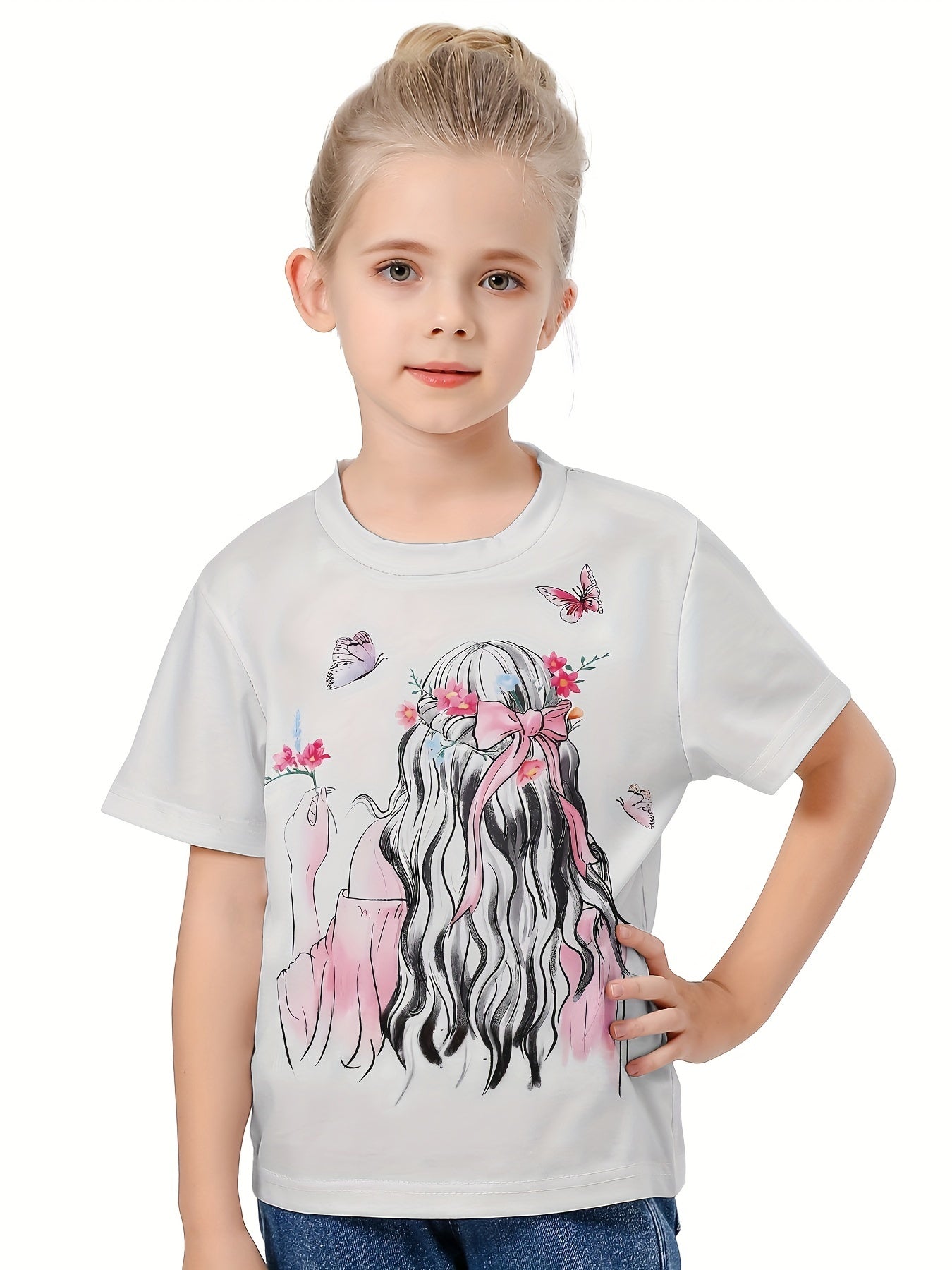 Cute 3D Cartoon Girl Crew Neck T-shirt for Girls