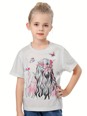 Cute 3D Cartoon Girl Crew Neck T-shirt for Girls