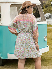 Colorblock Floral Print Lantern Sleeve Mini Dress With Belt