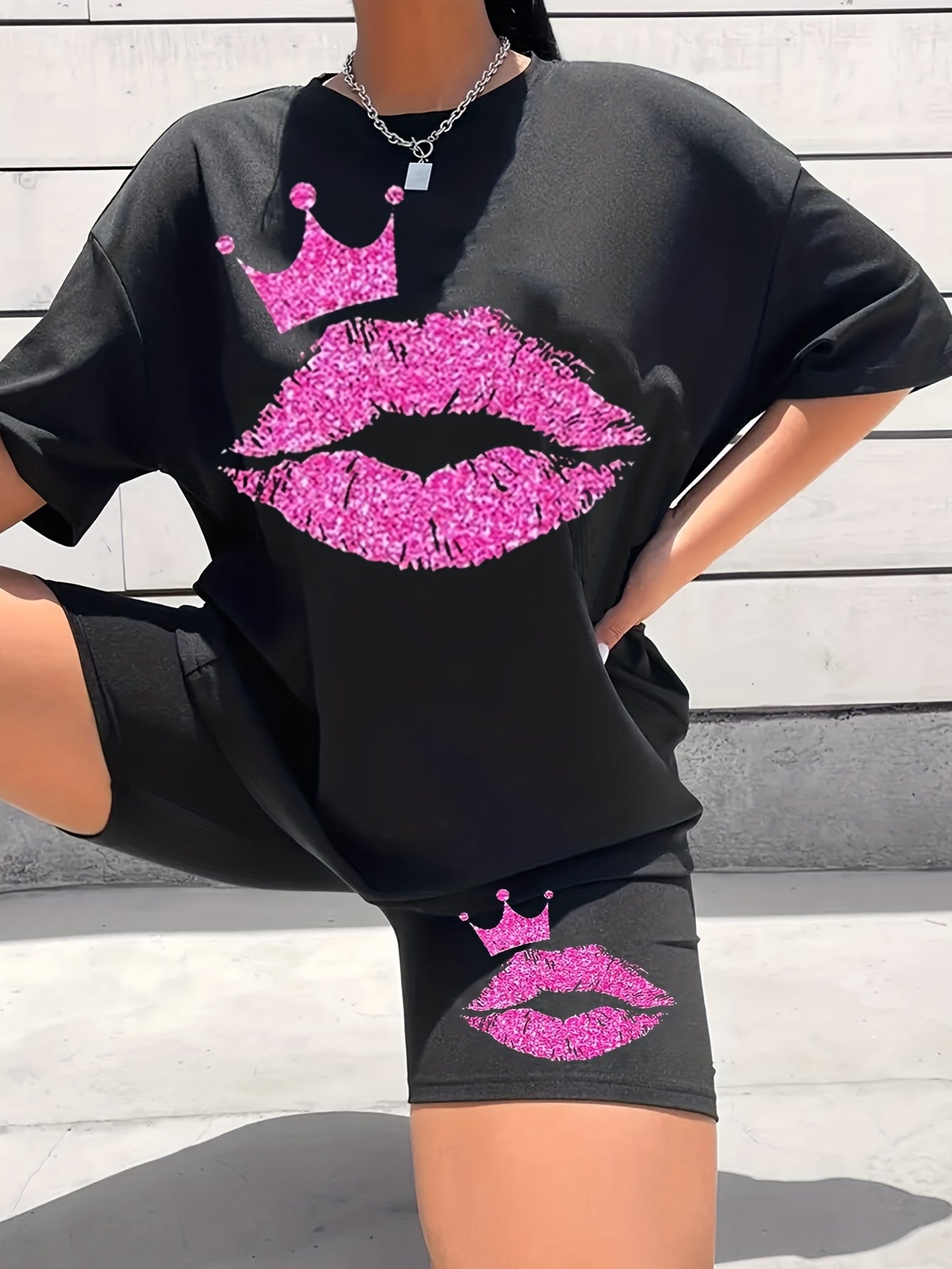Lip Print Matching Set Short Sleeve T-shirt & Shorts Outfit Women's Clothing
