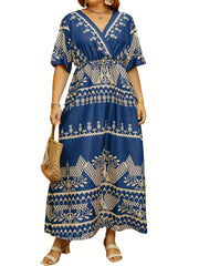 Floral Print Maxi Dress Surplice Neck Short Sleeve