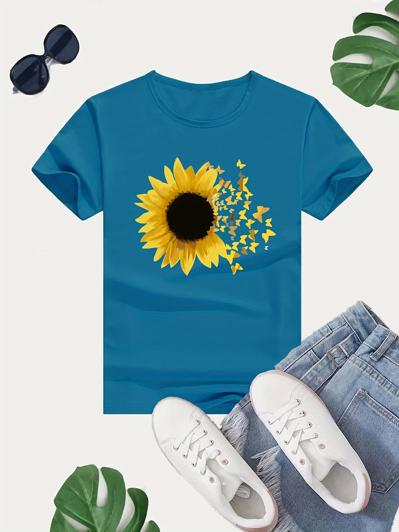 Sunflower Graphic Sports T-shirt Butterfly Print Casual Top