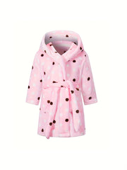 Girls Dotted Hooded Bathrobe Soft Flannel