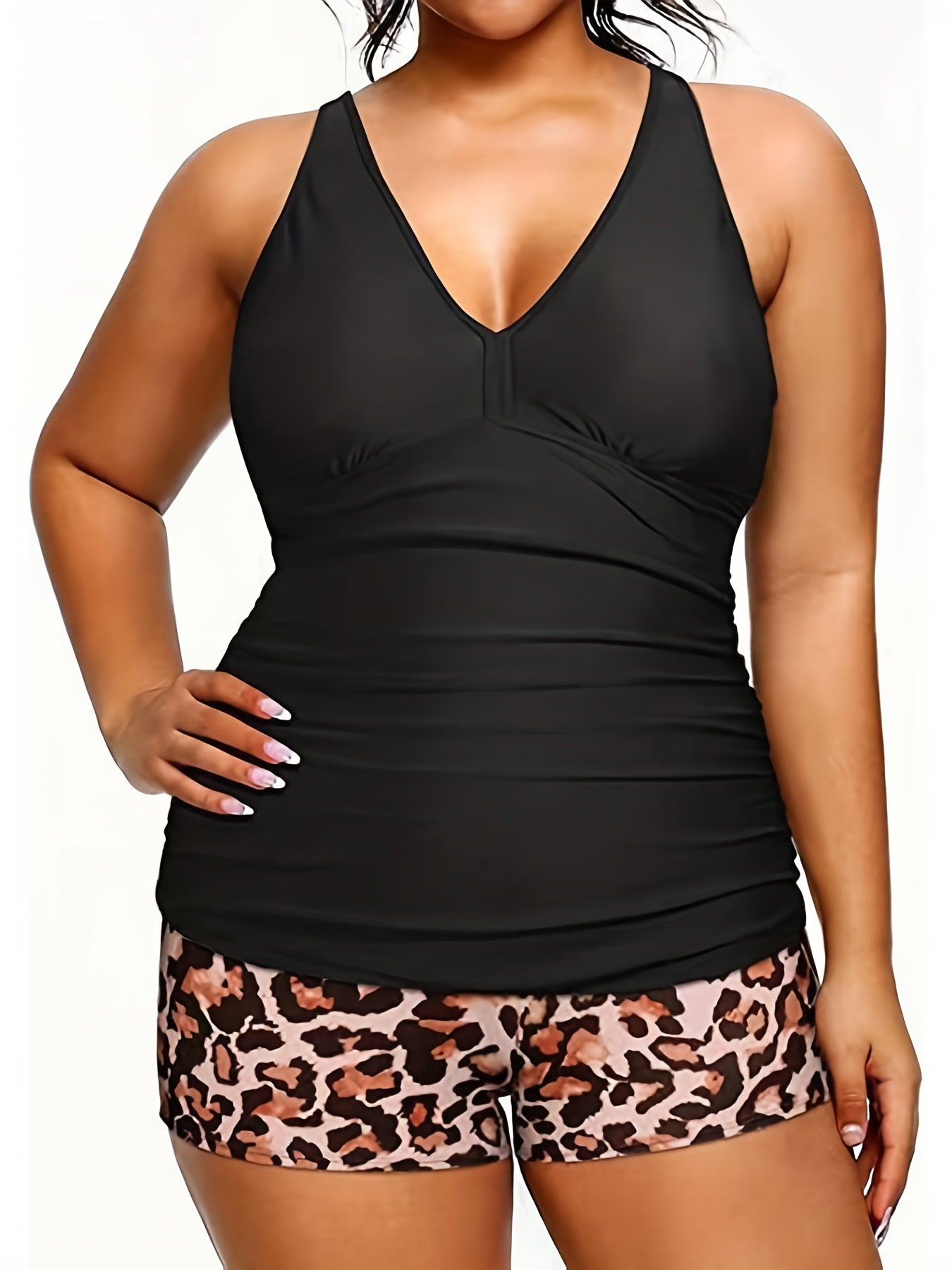 Vacay Tankini Set - Solid V Neck Tank Top & Leopard Shorts
