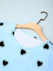 Heart Print Pajama Set Short Sleeve Top & Loose Pants Women's Loungewear