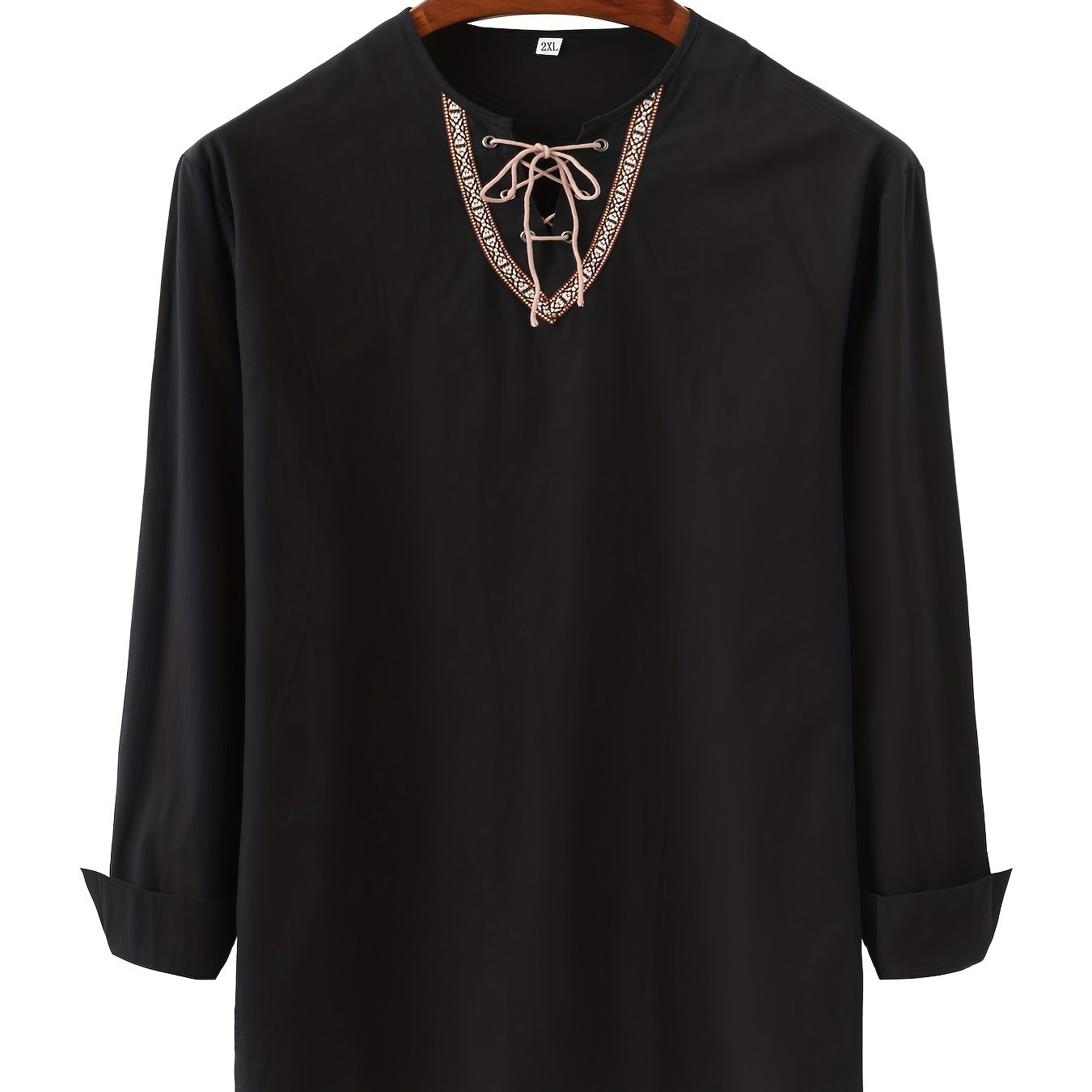 Men's Retro Casual Drawstring V Neck Long Sleeve Shirt