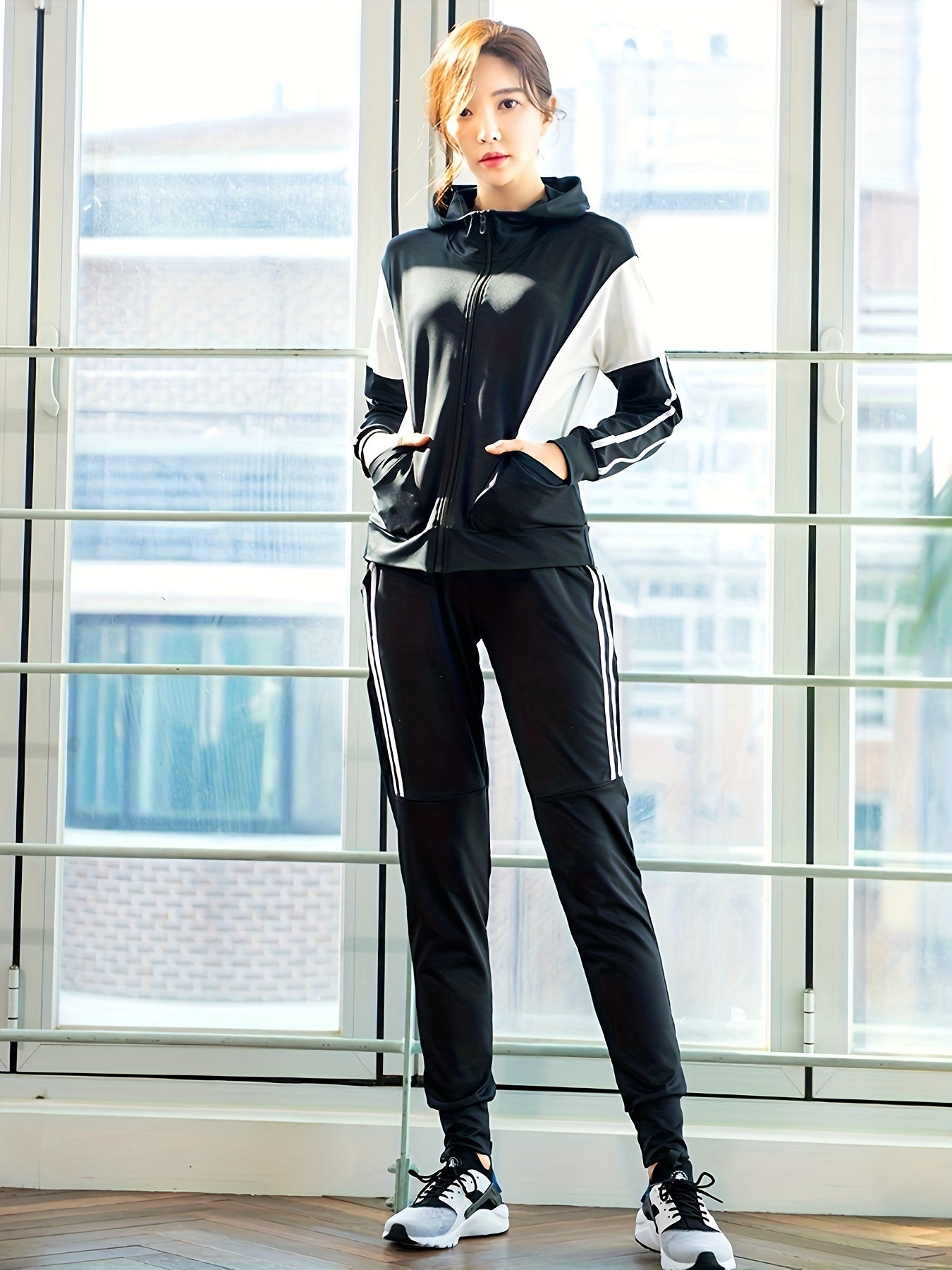 2pcs Block Causal Sports Set Hooded Jacket & Pants Women's Activewear