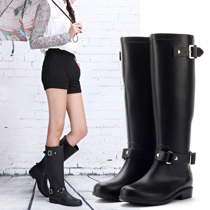 Women's Low Heel Rain Boots Solid Buckle Waterproof Outdoor Shoes