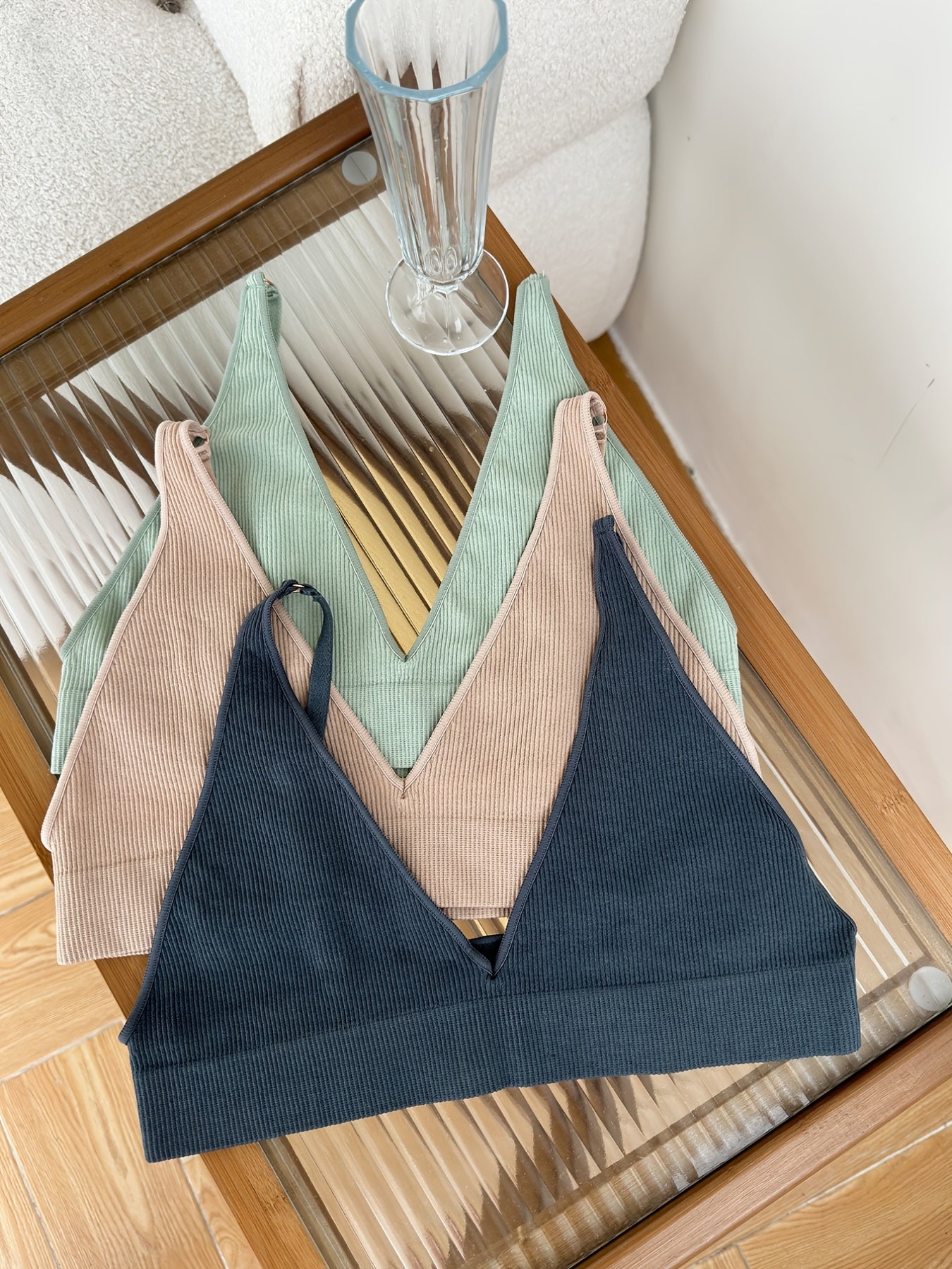 3 Pcs Women's Ribbed Camisole Bra Skin Friendly No Steel Ring Lingerie