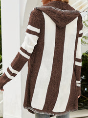 Striped Open Front Hooded Cardigan for Fall & Winter