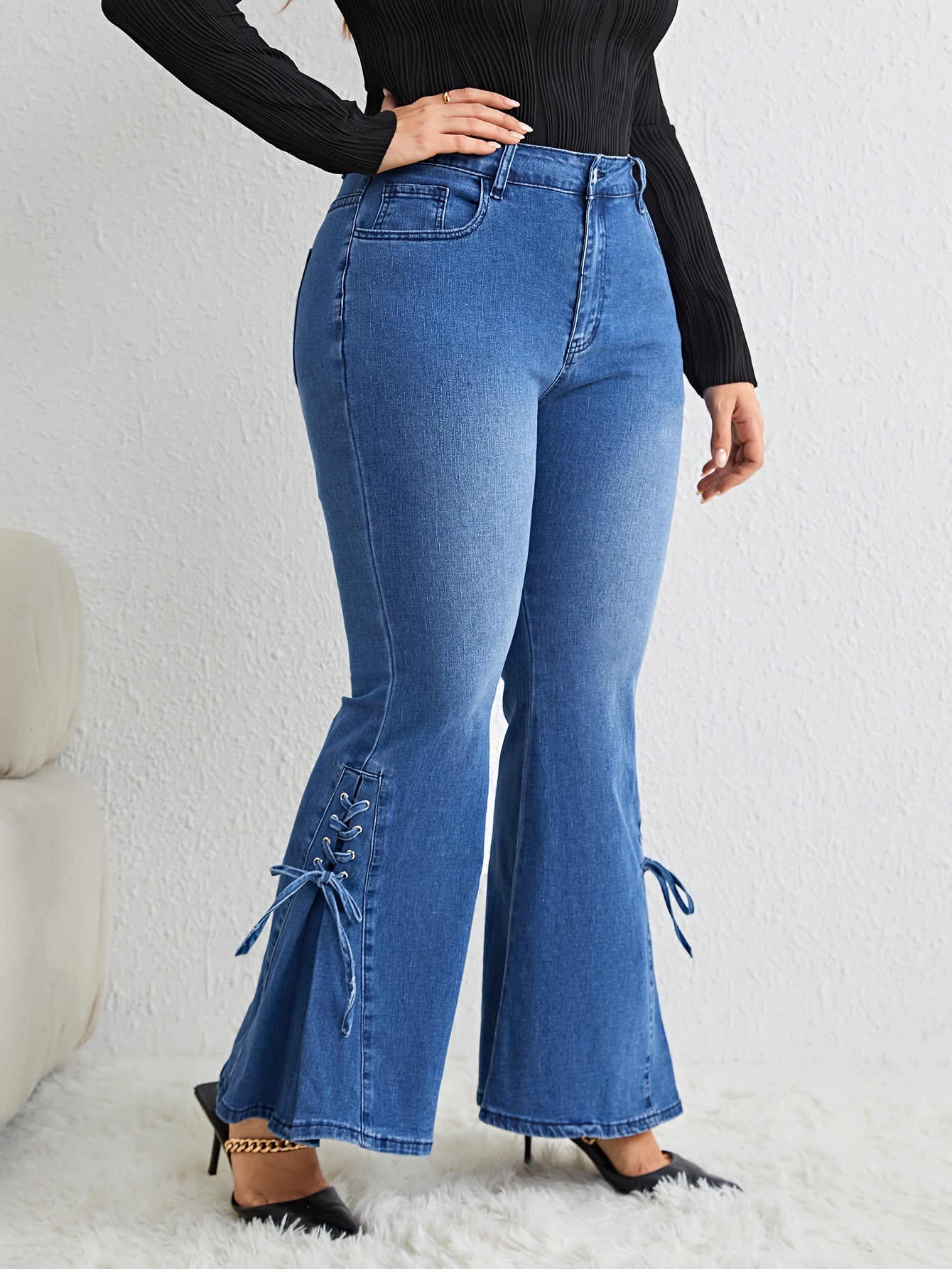 Women's Washed Button Fly Lace Up Flared Leg Jeans