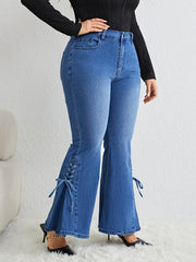 Women's Washed Button Fly Lace Up Flared Leg Jeans