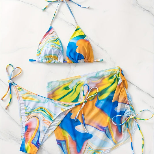 Tie Dye Bikini Set Halter V Neck Tie Side High Cut Swimsuit with Cover Up Skirt