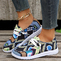 Women's Printed Canvas Shoes Lace Up Loafers Casual Walking Flats