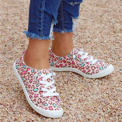 Leopard Print Flat Skate Shoes Lightweight Lace Up Canvas Casual Walking Shoes