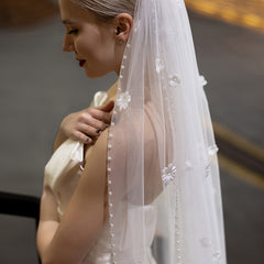 Royal Floral Bridal Veil with Pearl Detailing for Women