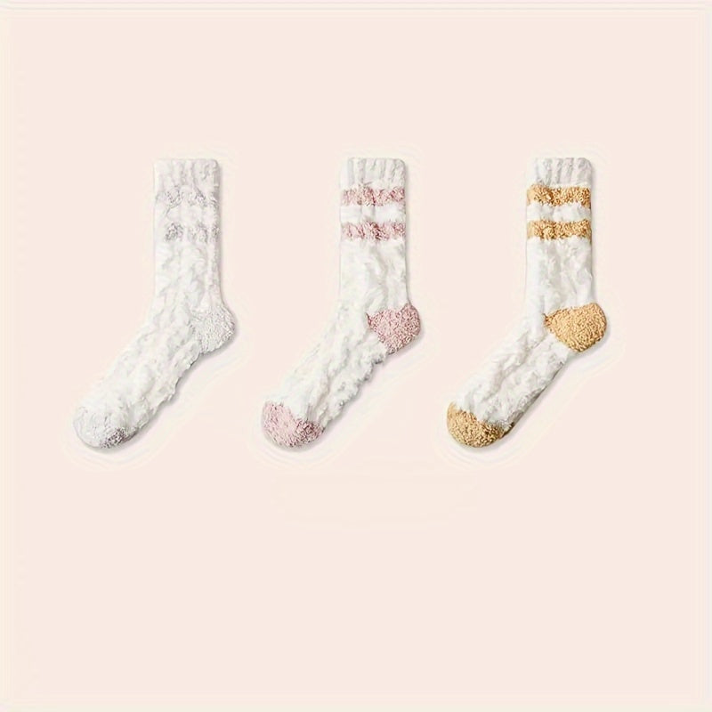 3 Pairs Striped Fuzzy Socks Comfy & Warm Mid Tube Women's Stockings