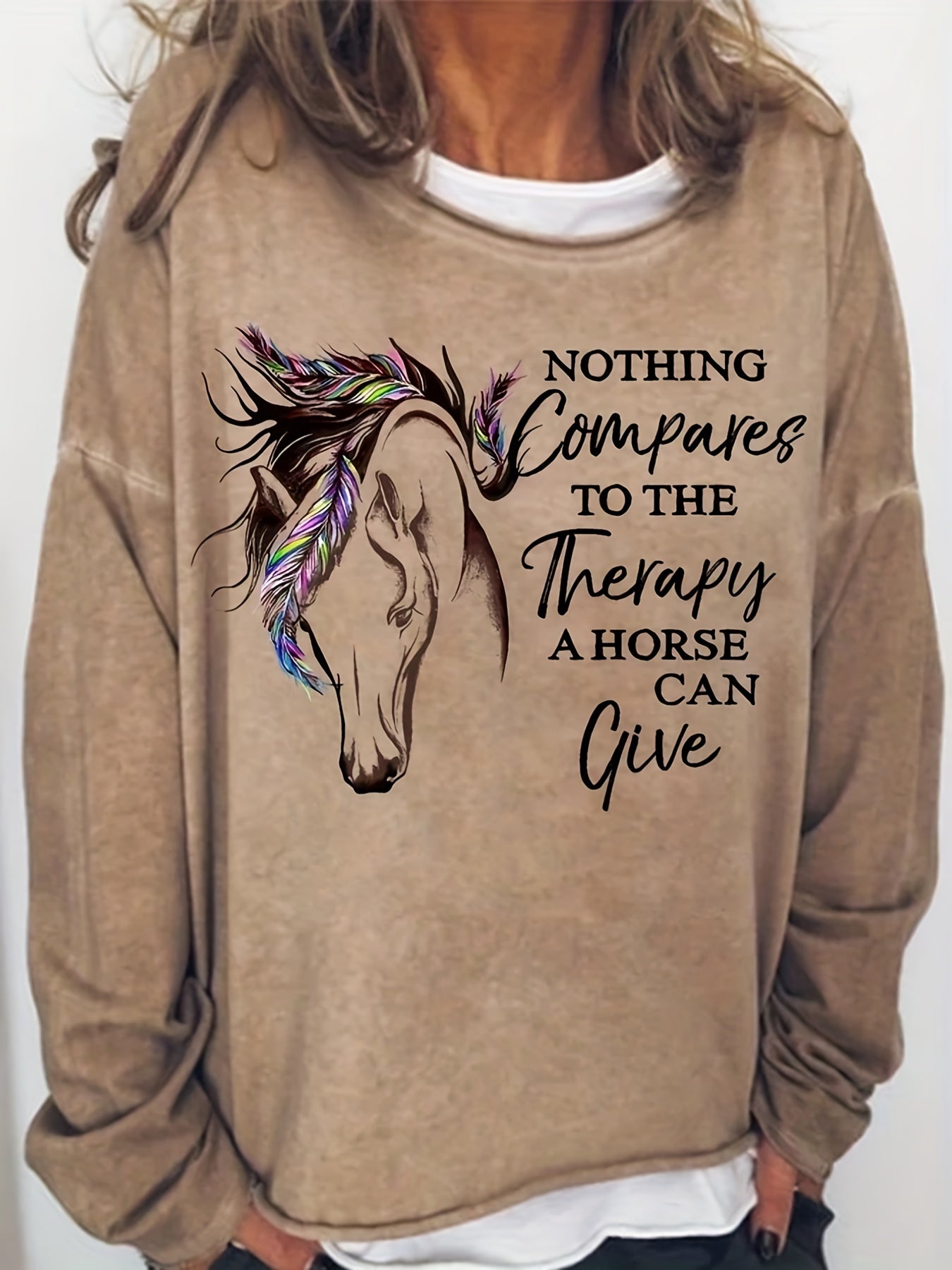 Horse Print Sweatshirt Long Sleeve Crew Neck Casual Fall Spring Women's Clothing
