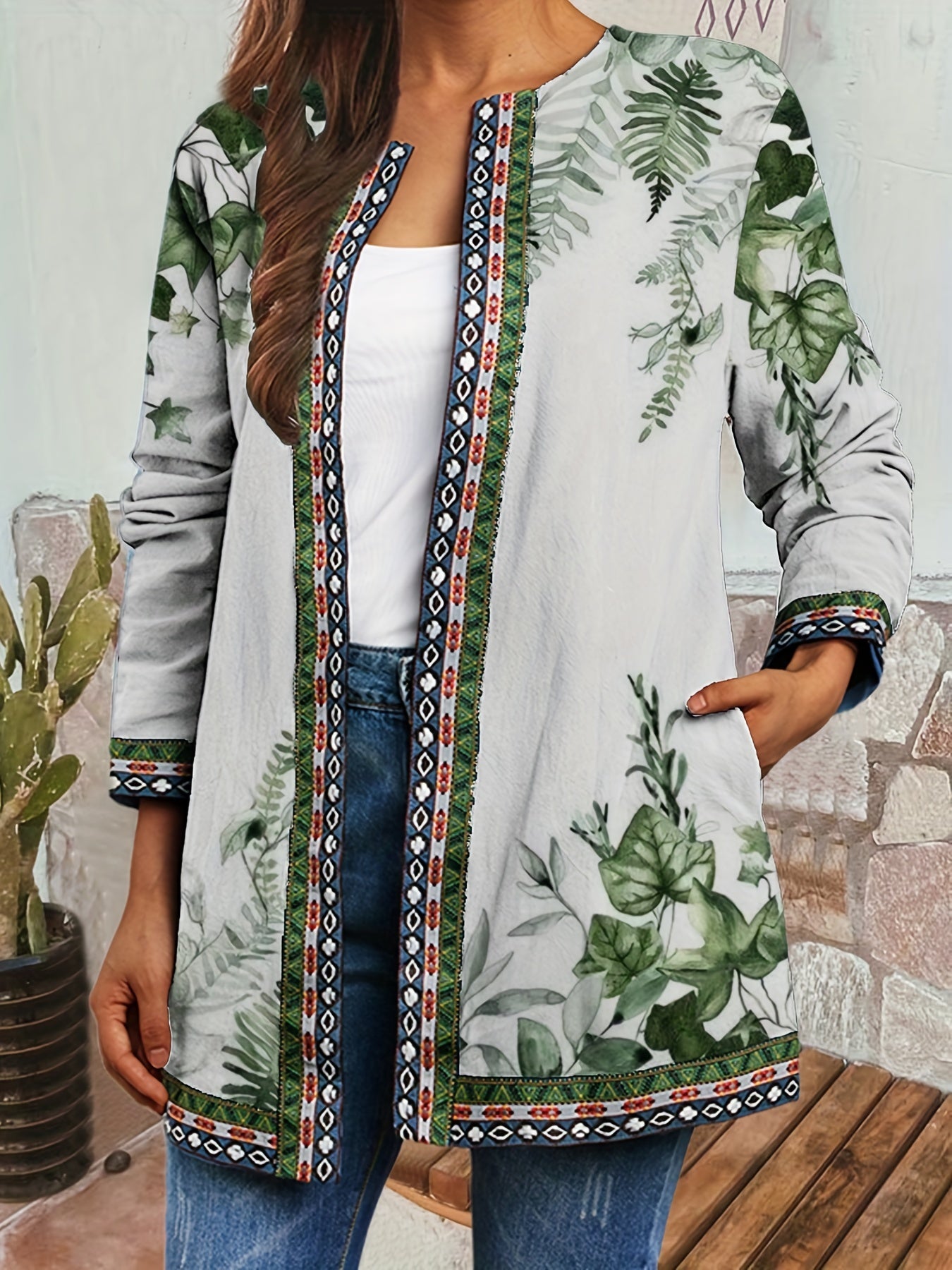 Abstract Print Open Front Jacket Women's Clothing