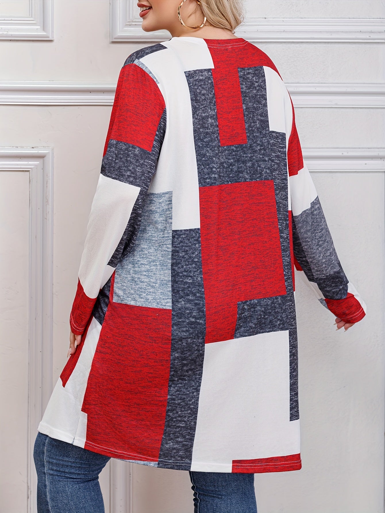 Colorblock Geometric Print Open Front Cardigan