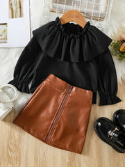 Toddler Girls Winter Skirt Set Ruffle Trim Top & PU Zipper Skirt