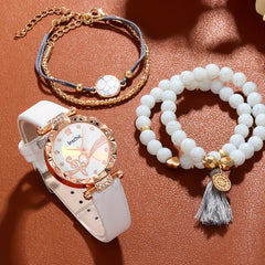 Leather Quartz Watch & Agate Bracelet Set Gift