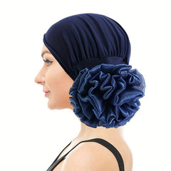 Navy Elastic Turban Hat 3D Flower Pleated Chemo Cap Head Wrap Bonnet
