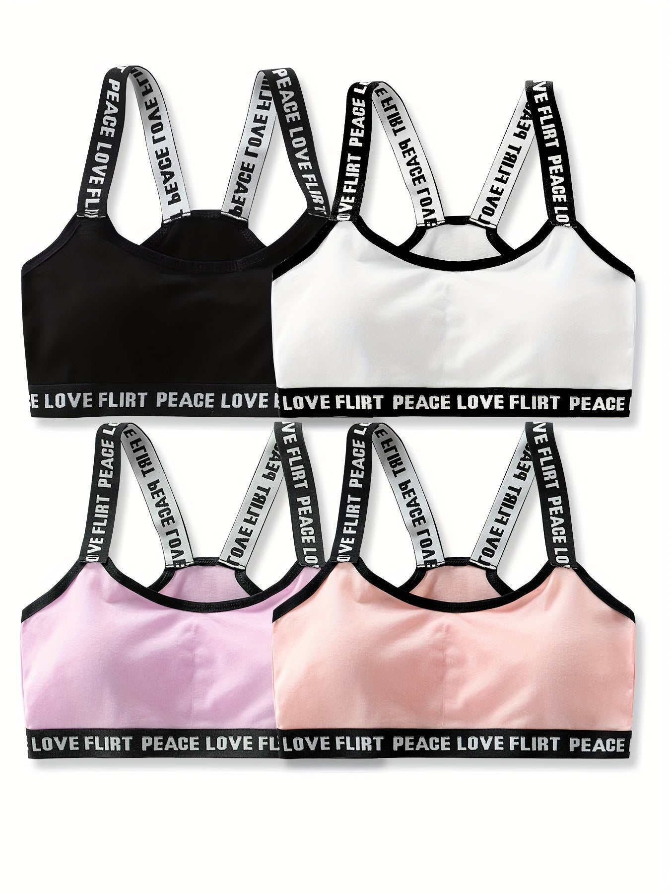 4pcs Girl's Sports Bra Letter Print Breathable Soft Bralette 7-14 Years Old