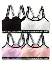 4pcs Girl's Sports Bra Letter Print Breathable Soft Bralette 7-14 Years Old