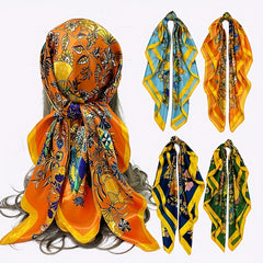 Boho Floral Print Satin Bandana Silk Square Scarf for Women