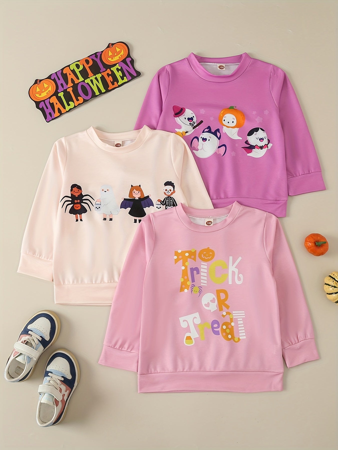 3pcs Toddler Girl Halloween Sweatshirts Comfy Long Sleeve Pullover Top
