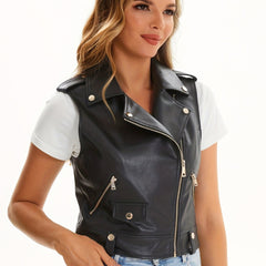 Casual Sleeveless Leather Zipper Vest Women's Clothing