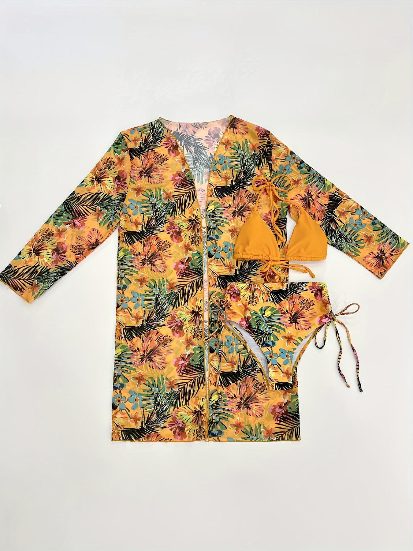 Floral Print Bikini Set Halter High Waist Swimsuit Kimono Cover Up