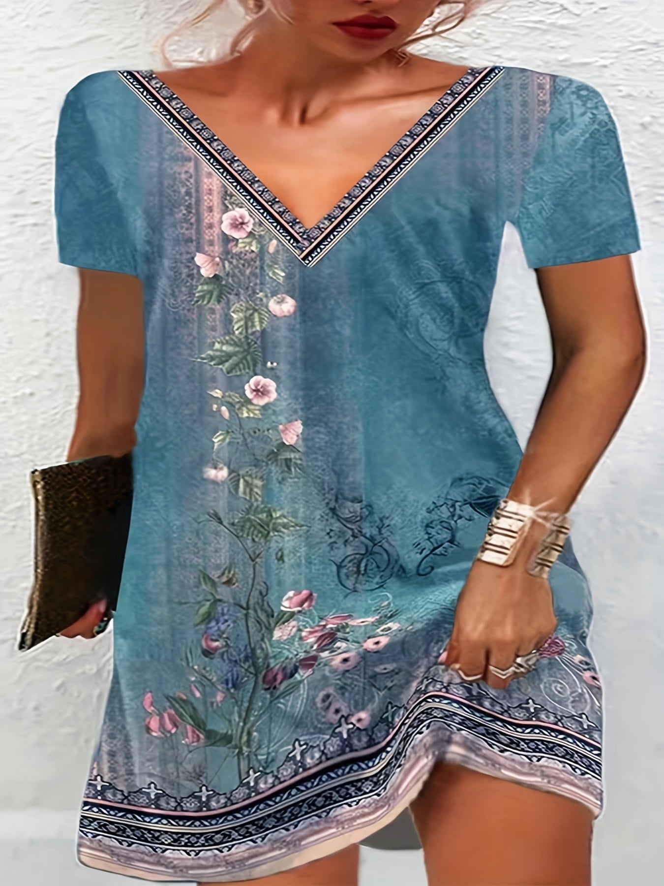 Floral Print V Neck Short Sleeve Dress
