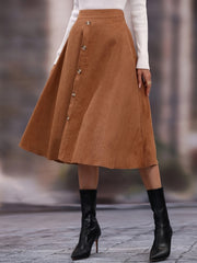 Faux Suede Long Skirt - High Waist Button Skirt