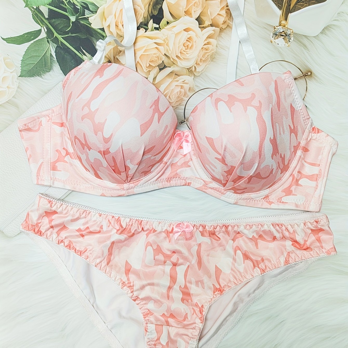 Colorblock Push Up Bra & Bow Tie Panties Set