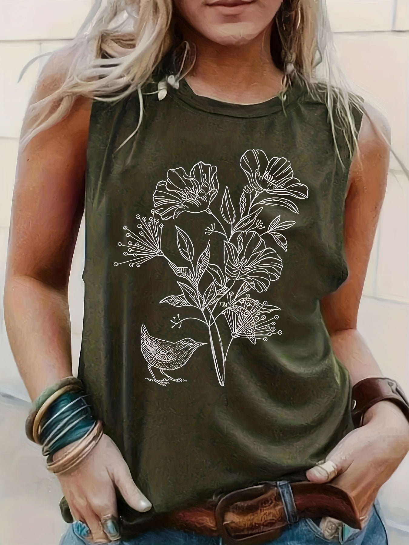 Floral Print Tank Top Sleeveless Crew Neck Casual Top