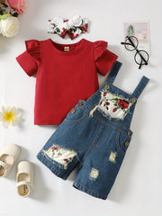 3pc Toddler Girls Ruffle Trim T Shirt Tops & Sunflower Ripped Overalls Set