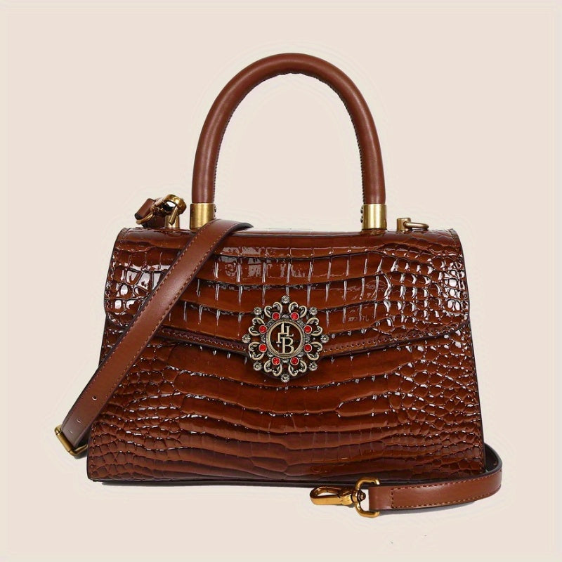 Crocodile Texture Handbag with Metal Clasp for Parties