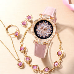 1pc Rhinestone Quartz Watch & 5pcs Purple Jewelry Set for Kids