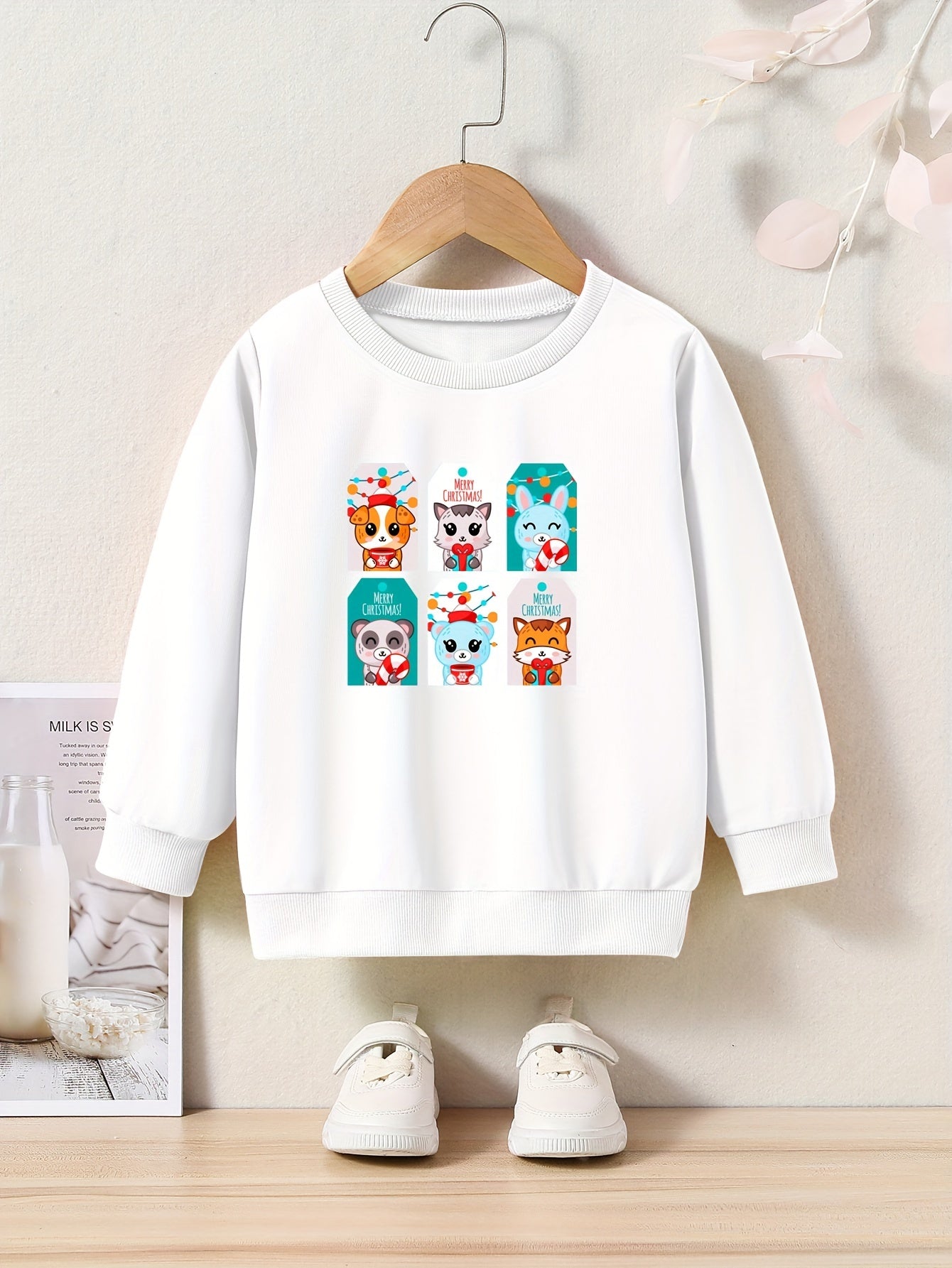 Christmas Cartoon Animals Cards Print Girls Casual Pullover Sweatshirt