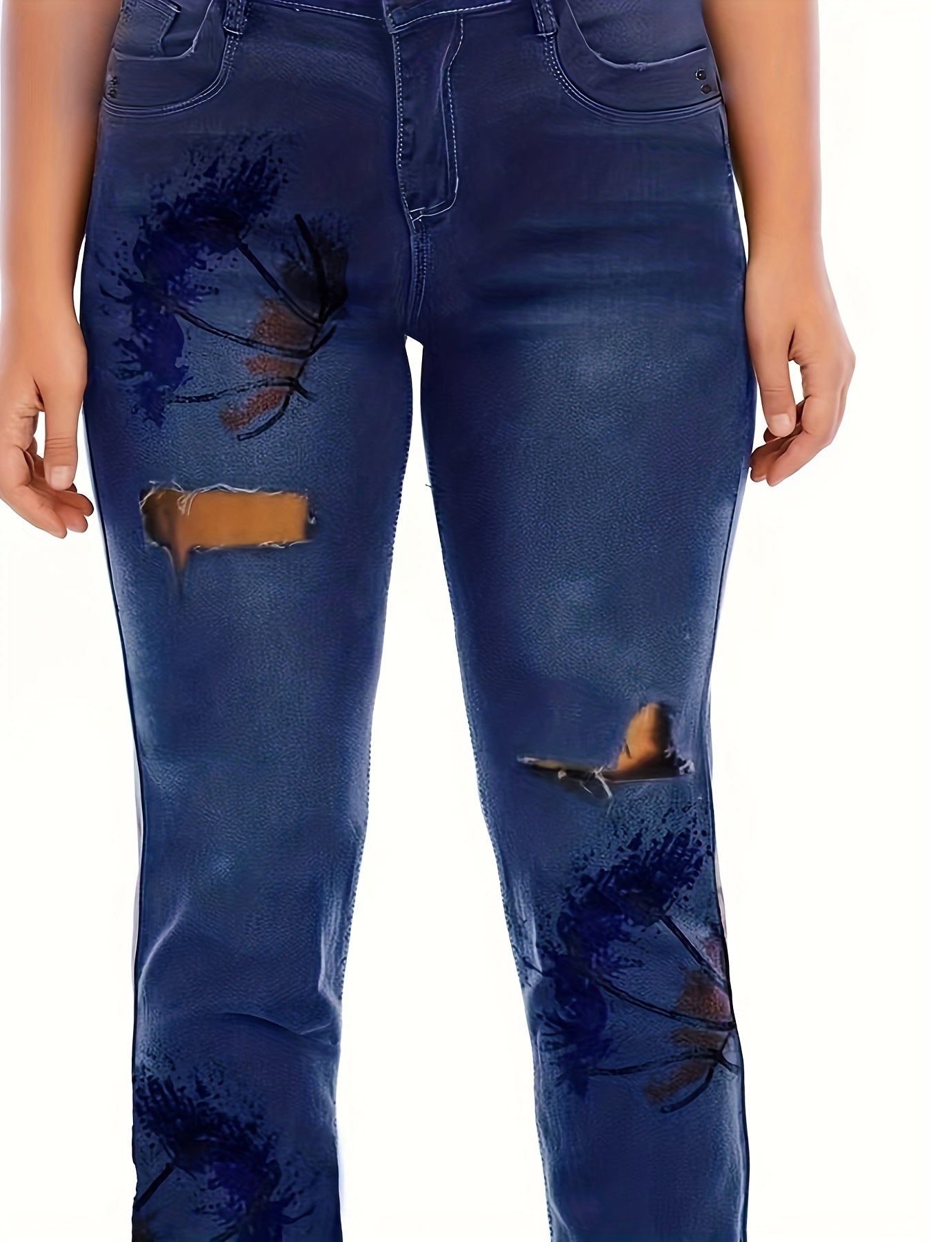 Women's Plus Floral Print Cut Out Button Fly High Stretch Jeans