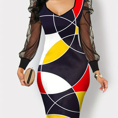 Geometric Print Lantern Sleeve V Neck Dress
