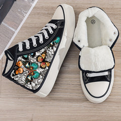 Butterfly Print Plush Lined Chunky Canvas Sneakers