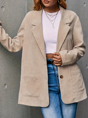 Solid Corduroy Blazer Long Sleeve Button Lapel Collar With Pockets
